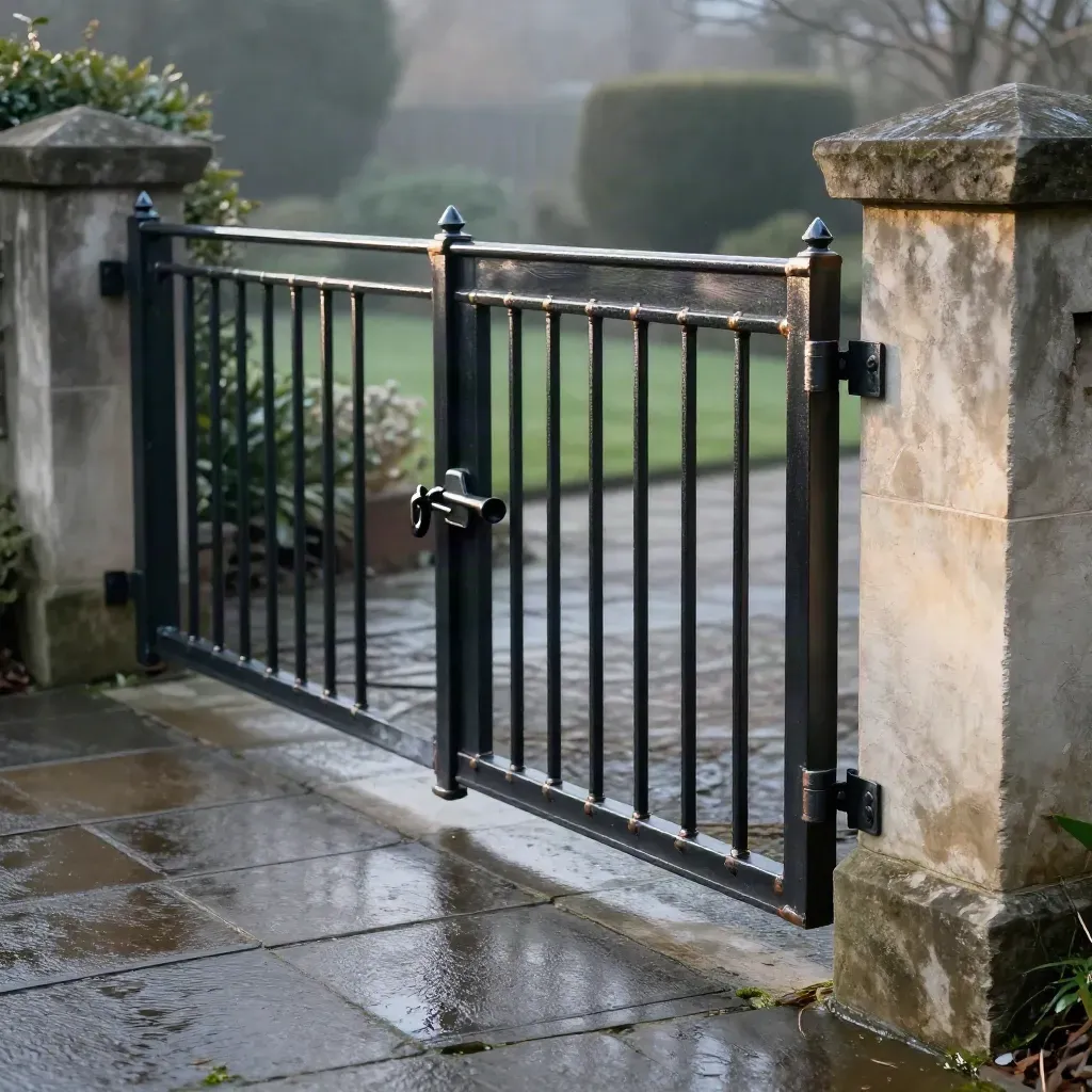 Welded driveway gate and railing between pale stone piers on wet paving in misty light.