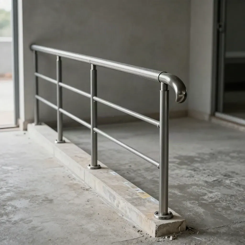 Steel handrail newly fixed at a site entrance, with dust, wraps and anchor plates.