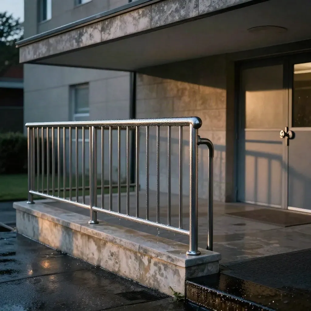 Completed school entrance railings by stone steps and wet tarmac, glistening in cool evening light