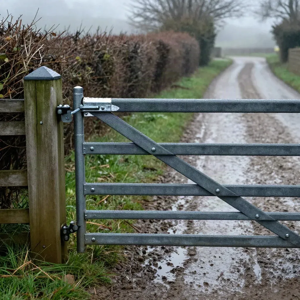 Repaired farm gate beside a muddy hedge lane after welding and new fixings.