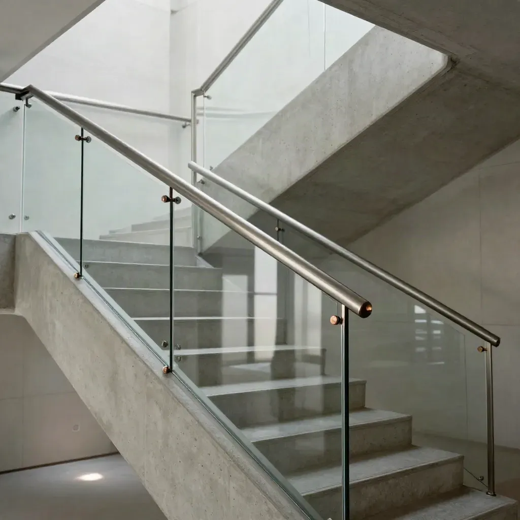 Completed office stair handrail run in a concrete stairwell with glass edges and copper fittings