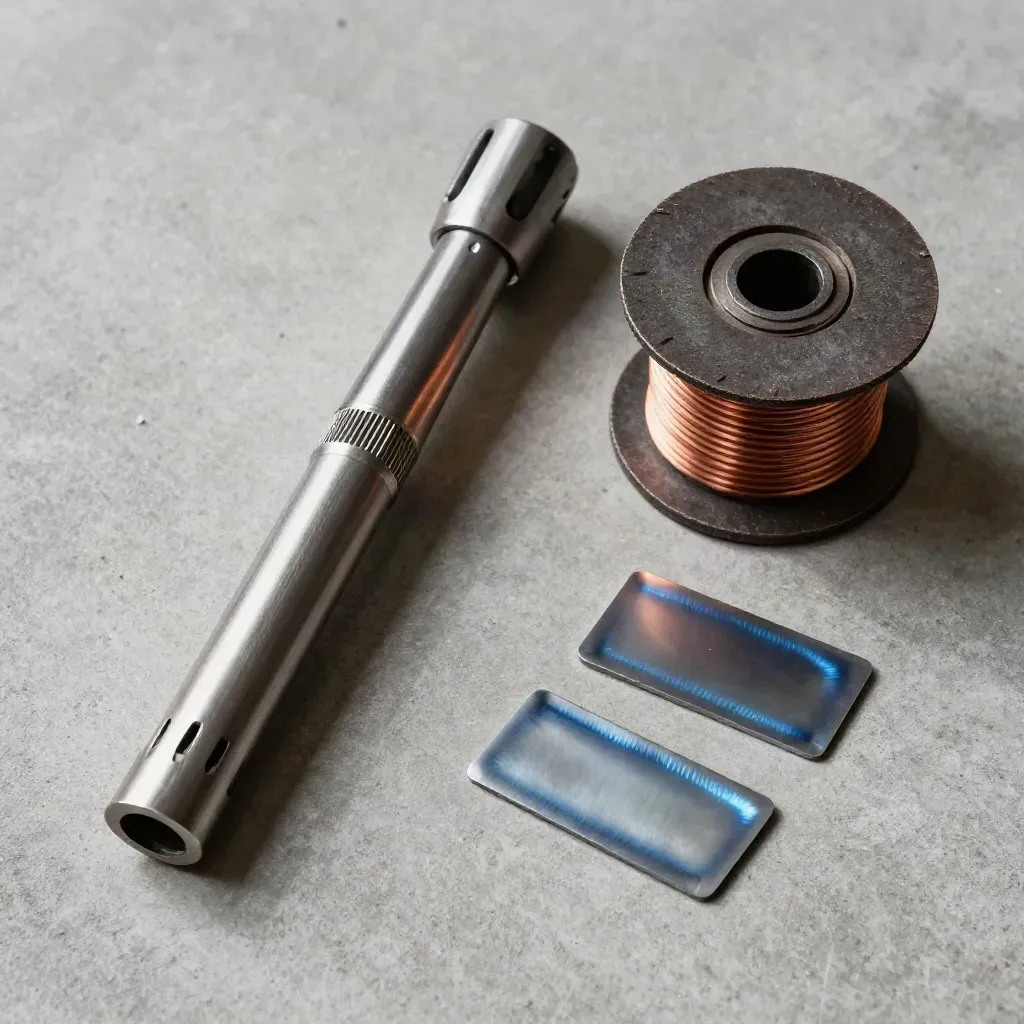 Top-down MIG torch, wire spool, grinding disc and heat-tinted weld coupons on pale concrete